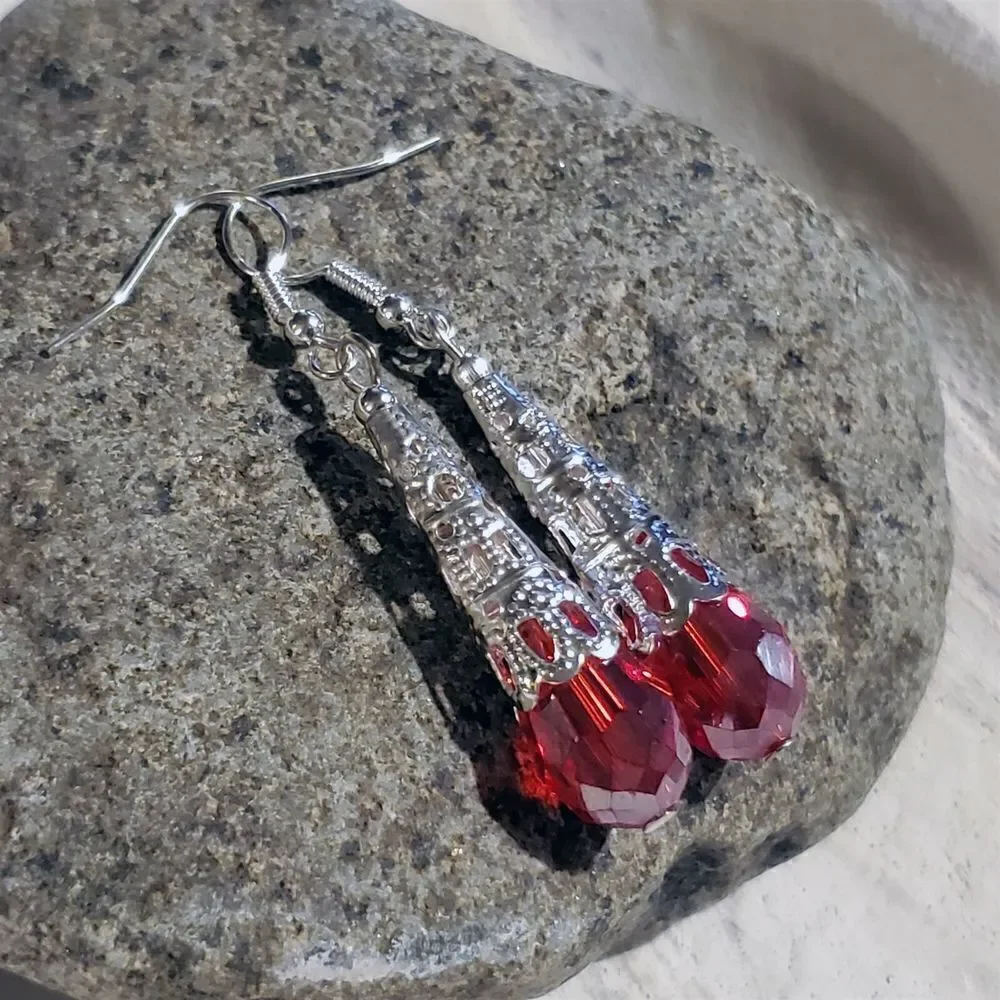 Hand Crafted Caged Filigree Faceted Red Crystal Silver Teardrop Earrings